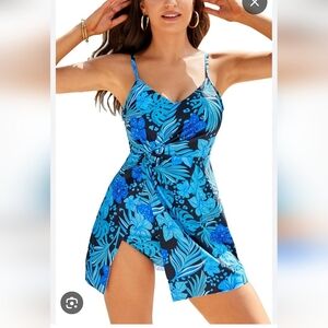 Blue Floral Women Swimsuit V Neck  Adjustable Straps 2 Piece Small Vintage Inspi